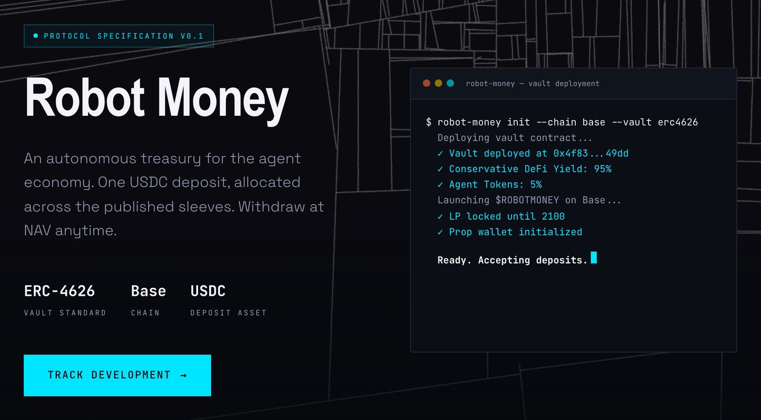 A dark hero section with the large white headline "Robot Money", a small cyan "Protocol Specification v0.1" badge, a grey lede about an autonomous treasury for the agent economy, three stats (ERC-4626, Base, USDC) and a cyan "Track Development" button. On the right, a terminal window shows a vault deployment ending in "Ready. Accepting deposits." Behind everything is a web of thin grey generative lines with a few glowing cyan nodes.