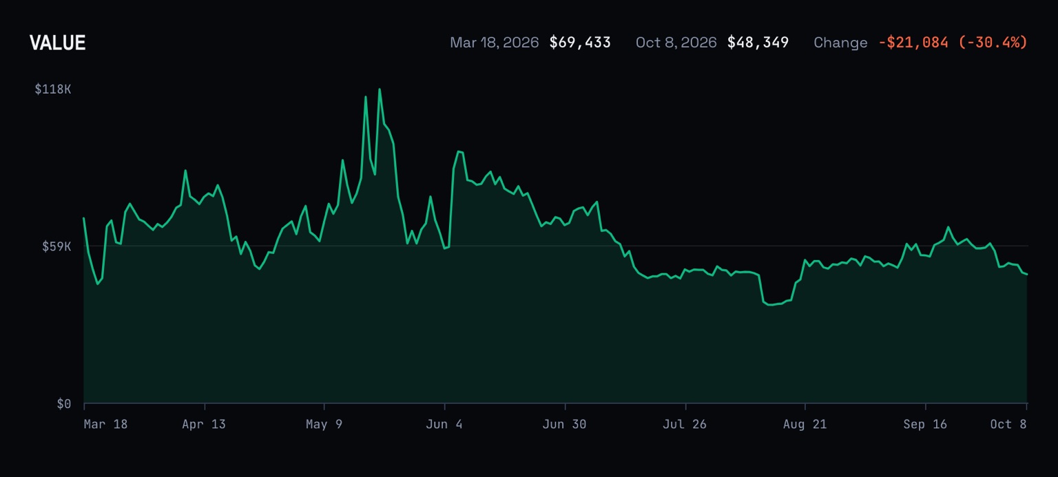 The treasury's value as a line from March 18 to October 8, 2026, on an axis from $0 to $118K: from $69,433 it peaks near $118K in May, falls through June and July, and ends at $48,349, a change of −$21,084 (−30.4%).